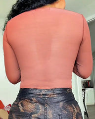 Sheer Mesh Long Sleeve Slimming Thong Bodysuit
