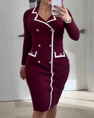 Color-Blocked Knit Long-Sleeved Bodycon Dress