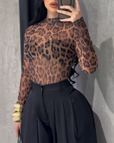 Leopard Print Mesh Top with Diamonds