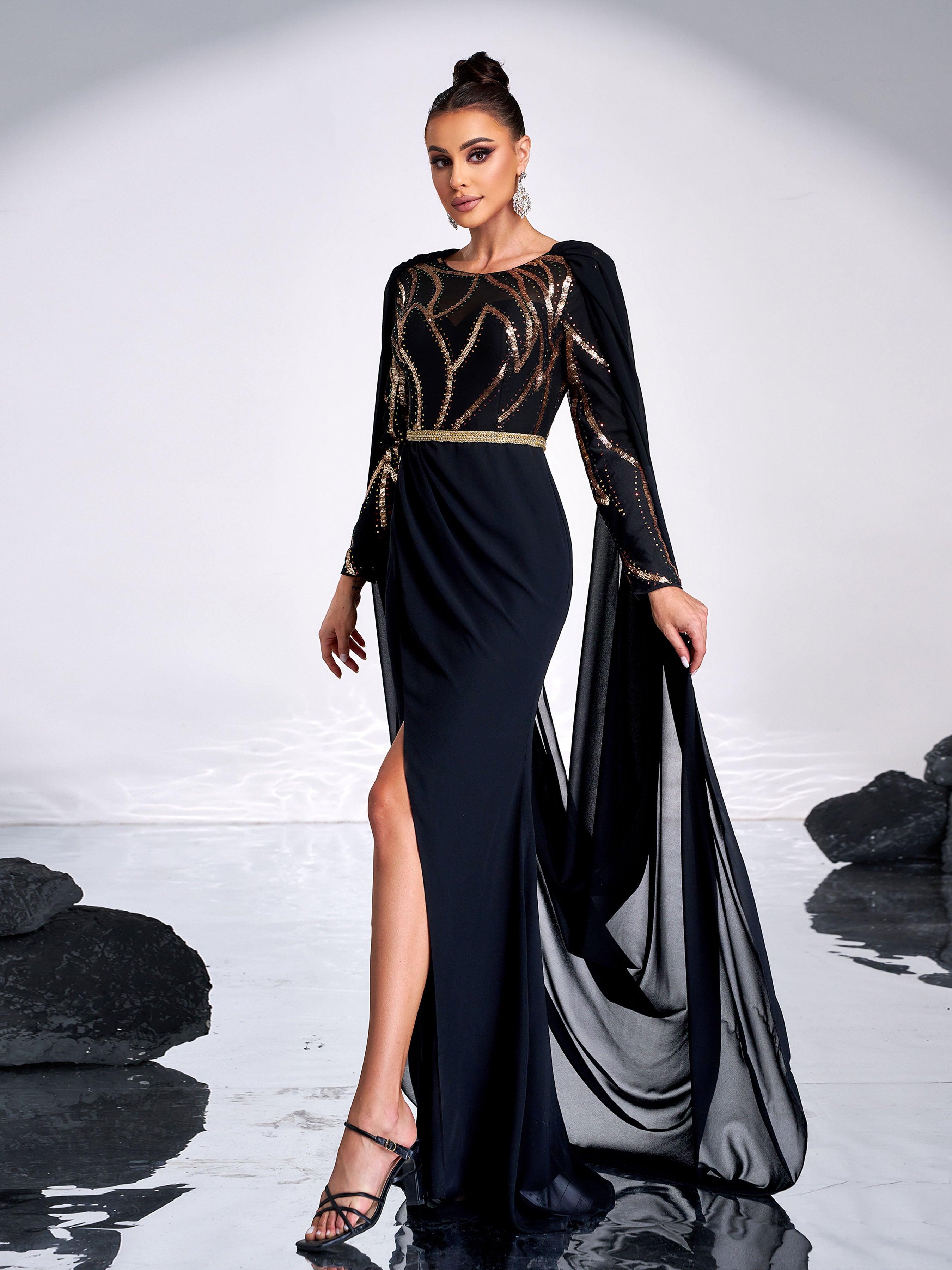 Black Panel Backless Mesh Cape Prom Dress