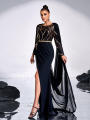 Black Panel Backless Mesh Cape Prom Dress