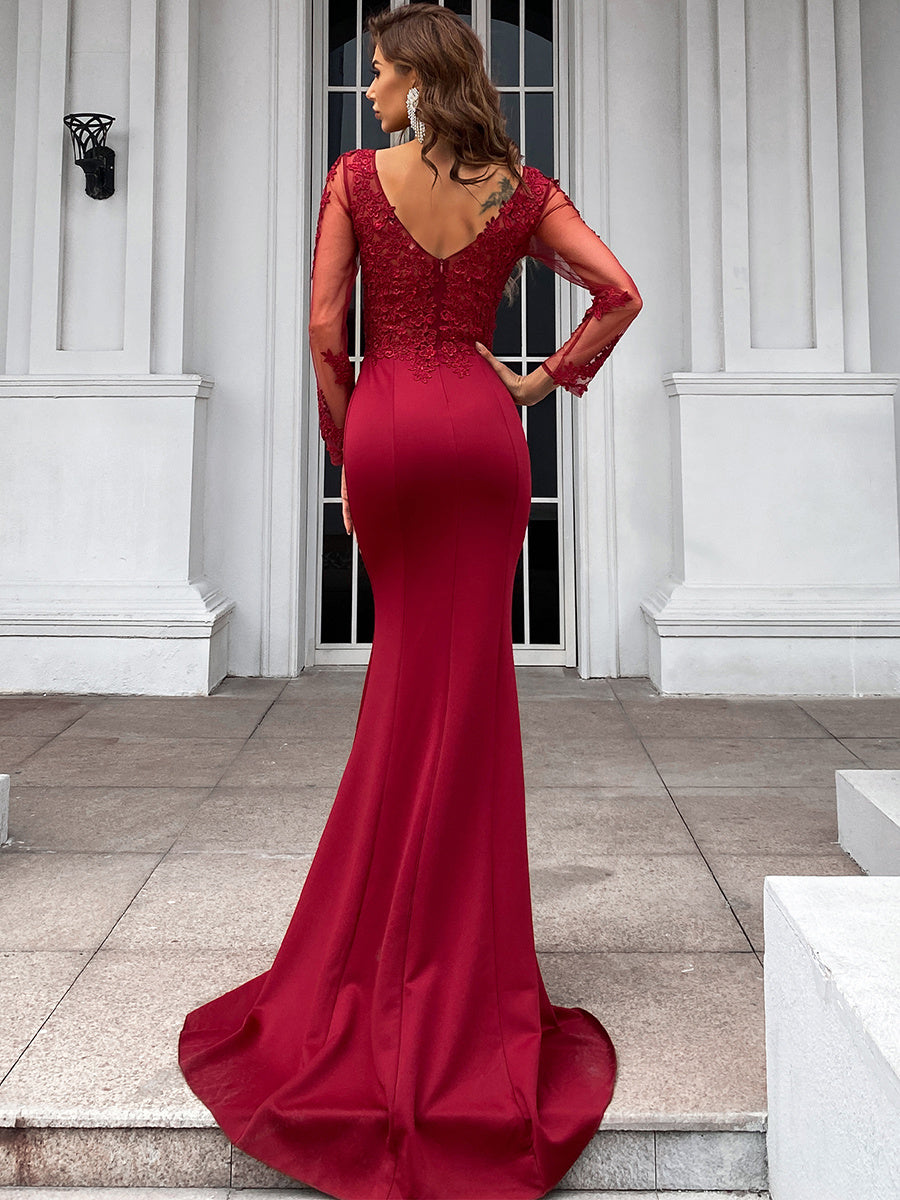 Elegant Long Sleeve Embroidered Applique Mermaid Evening Gown