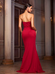 Red Strapless Sexy Backless Slit Prom Dress