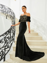 Off Shoulder Velvet Evening Dress