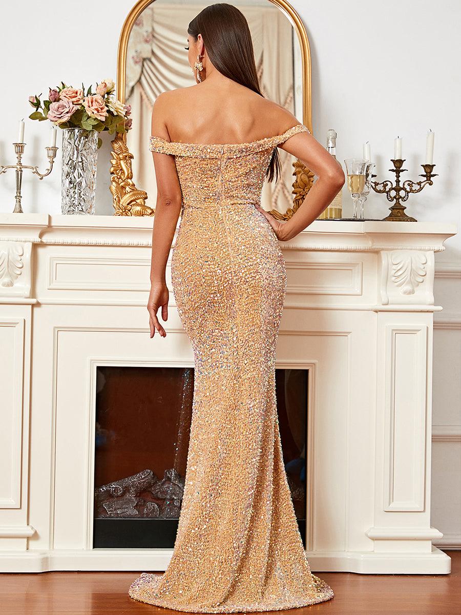 Off Shoulder High Split Prom Dress