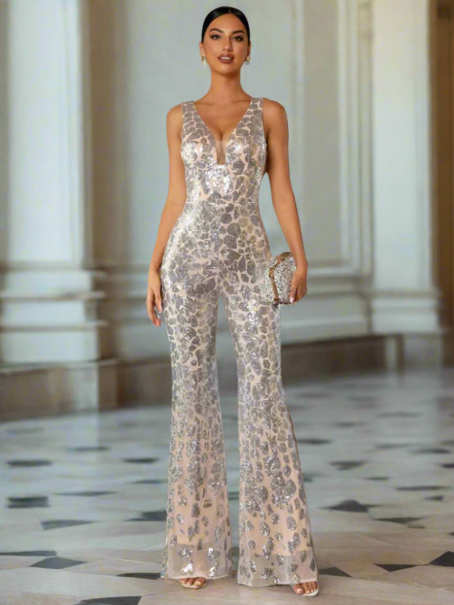 Sleeveless Cutout Sequin Jumpsuits