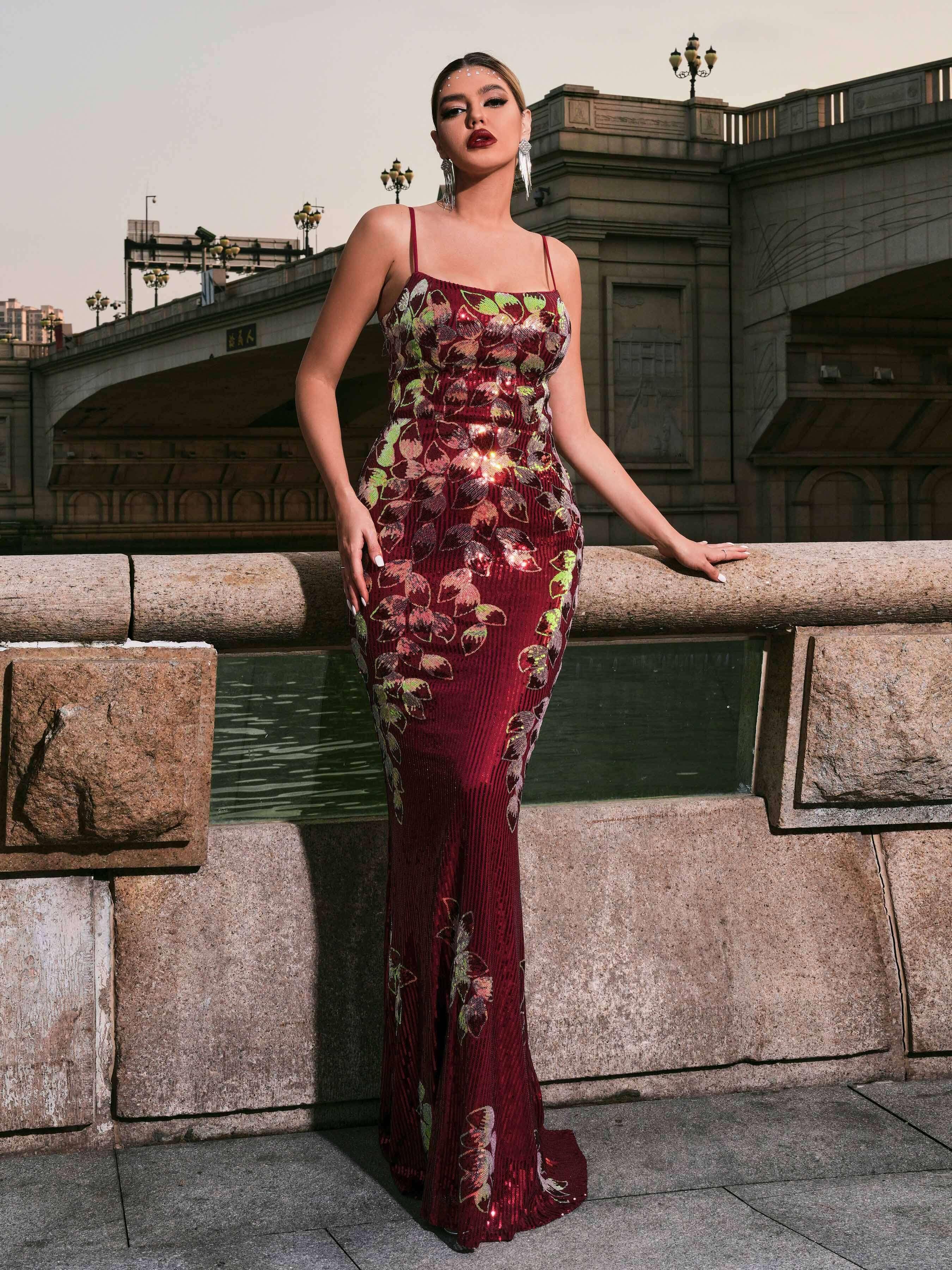 Spaghetti Leaf Sequin Mermaid Prom Dress