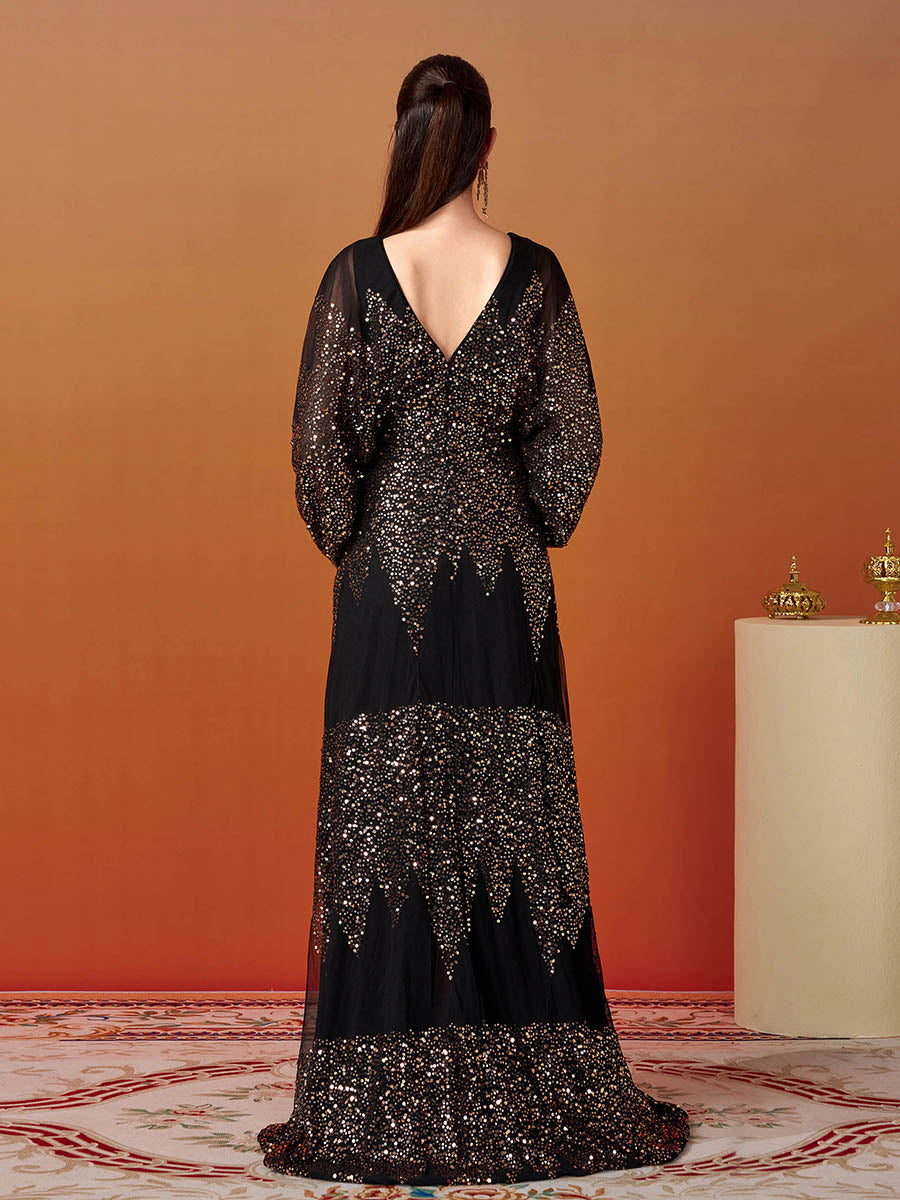 Lantern Sleeve V-Neck High Split Black Prom Dress