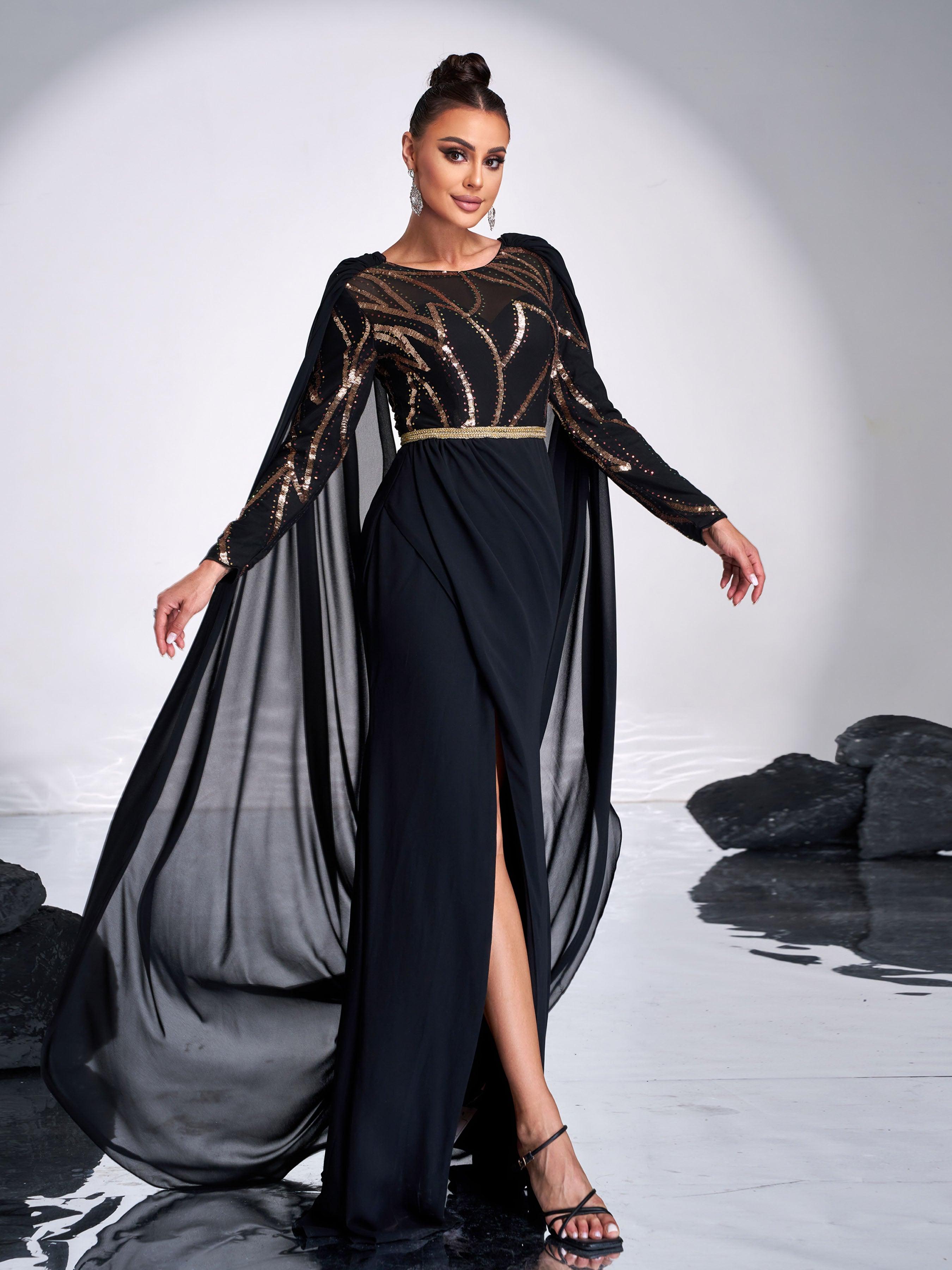 Black Panel Backless Mesh Cape Prom Dress