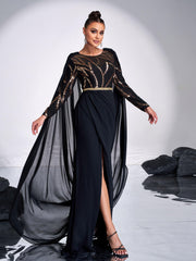 Black Panel Backless Mesh Cape Prom Dress