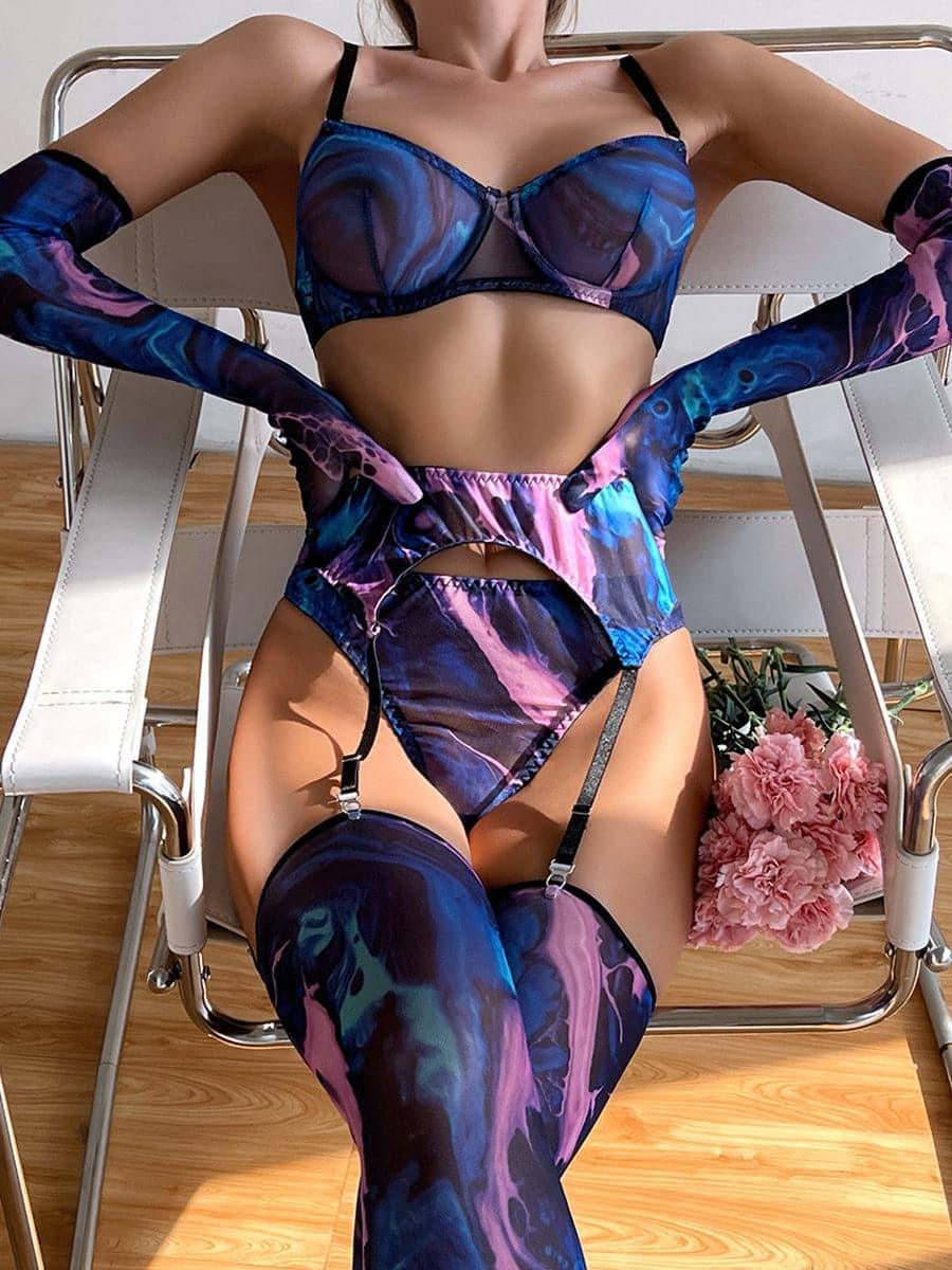 Print See Through Lingerie 5 Piece Set