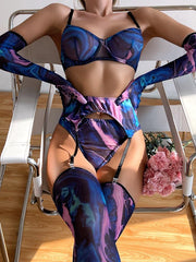 Print See Through Lingerie 5 Piece Set