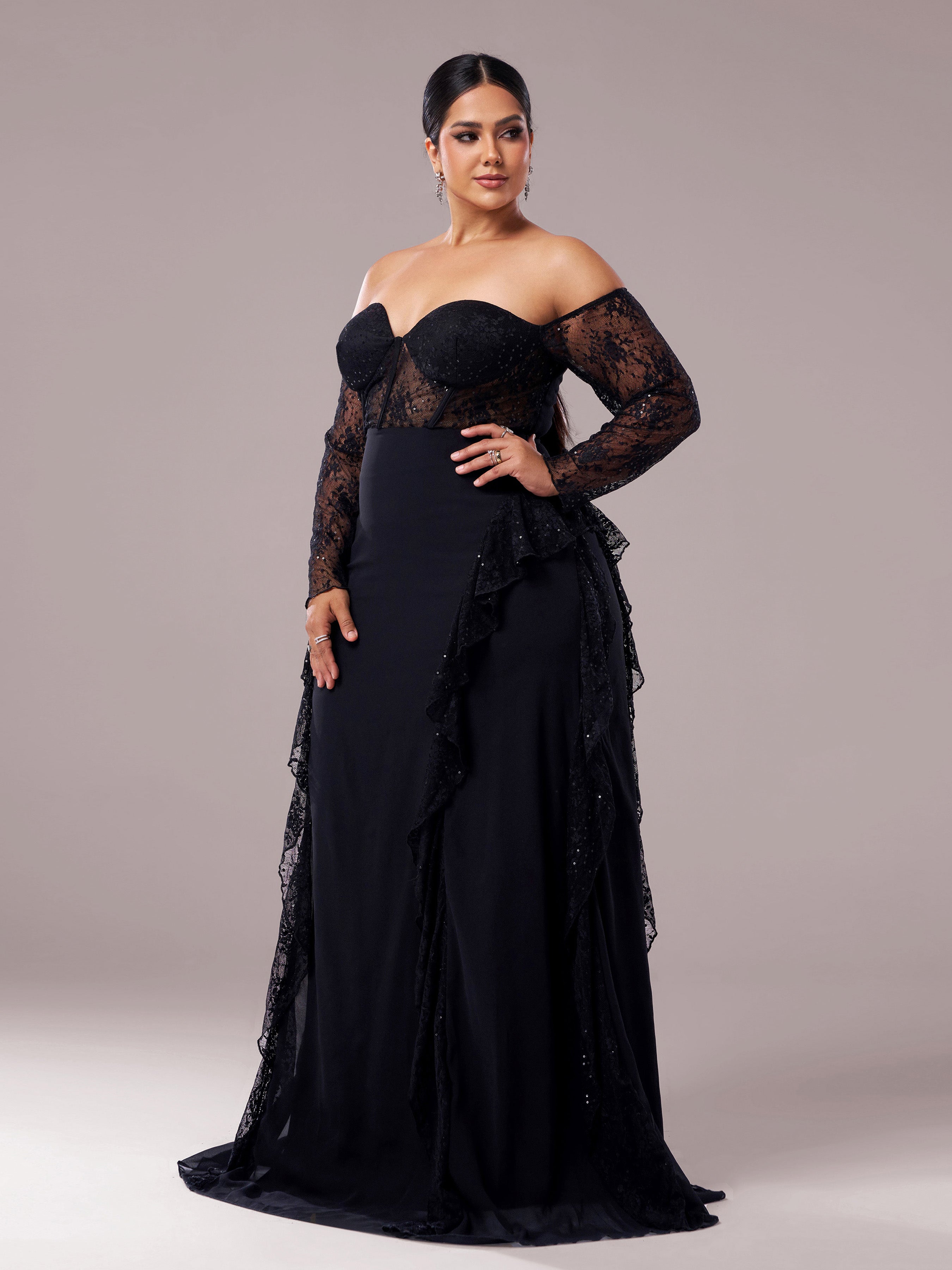 Plus Off Shoulder Corset Lace Panel Prom Dress