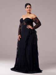 Plus Off Shoulder Corset Lace Panel Prom Dress