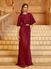 Short Sleeve Sequin Embroidered Prom Dress