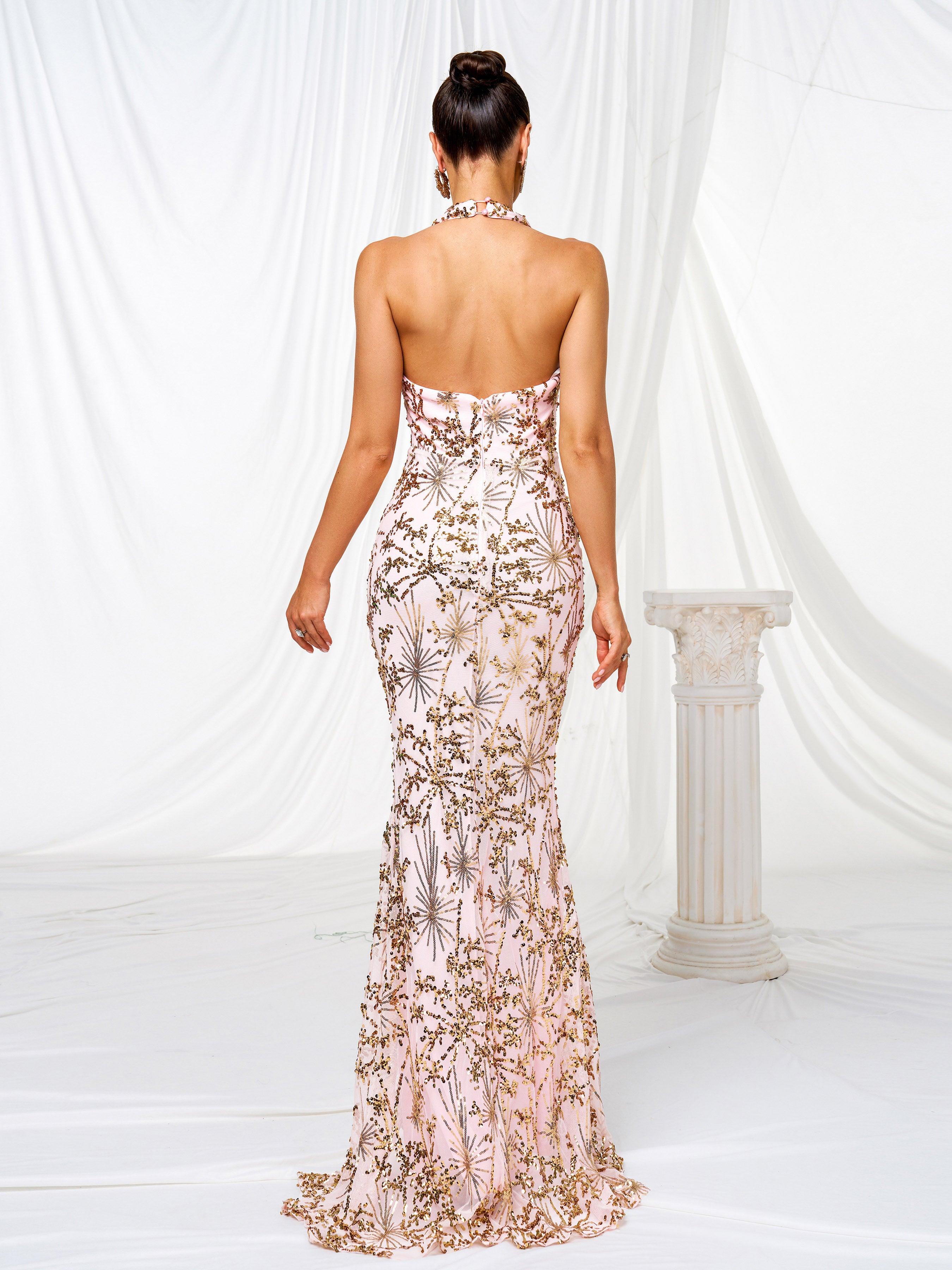 Halter Backless Floral Sequin Prom Dress