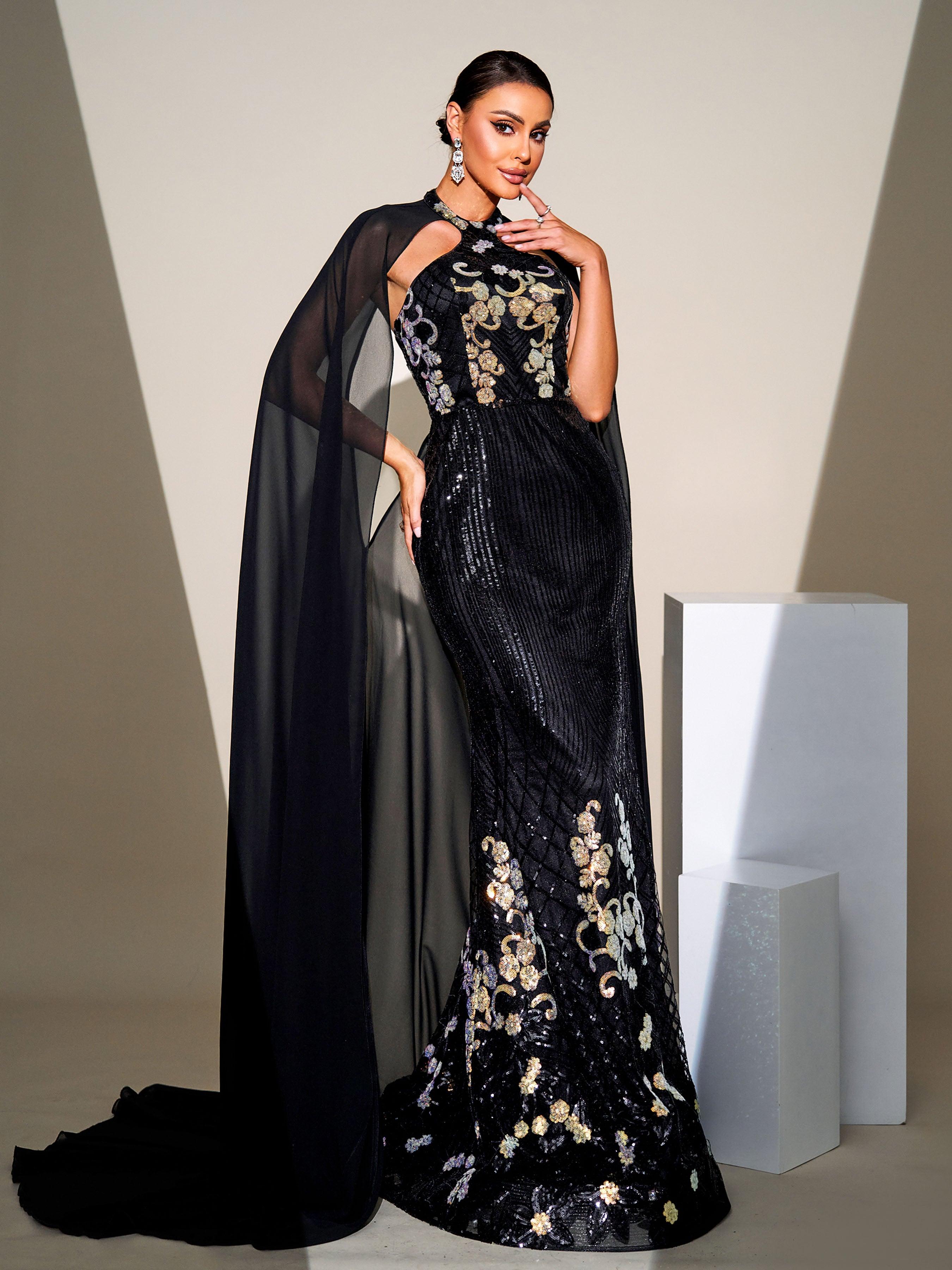 Cape Sleeve Mermaid Sequin Formal Dress