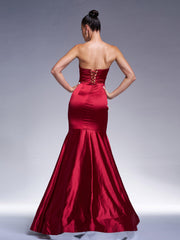 Red Strapless Embroidered Mermaid Evening Dress