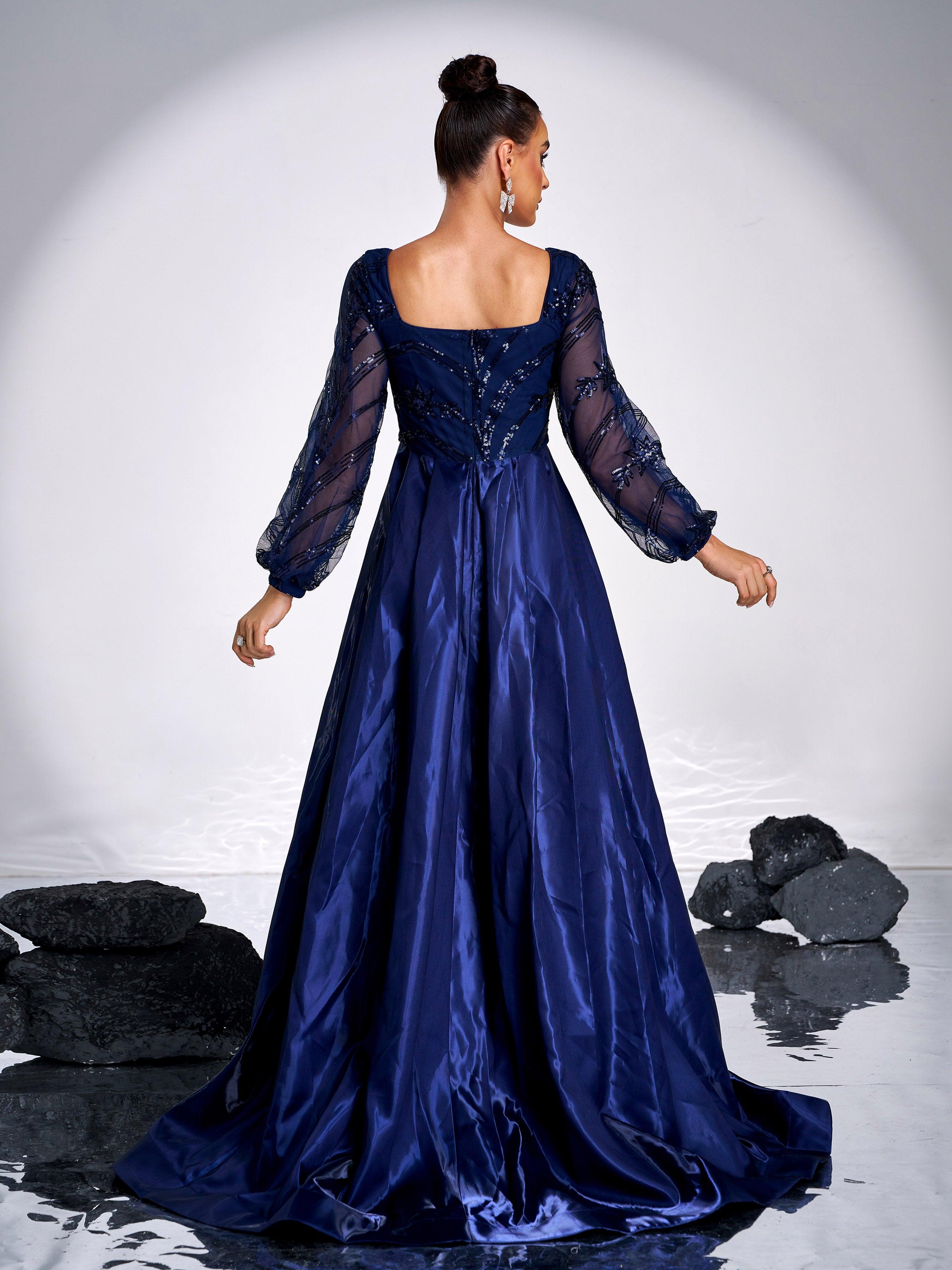 A-line Long Sleeve Blue Evening Dress