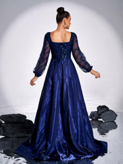 A-line Long Sleeve Blue Evening Dress
