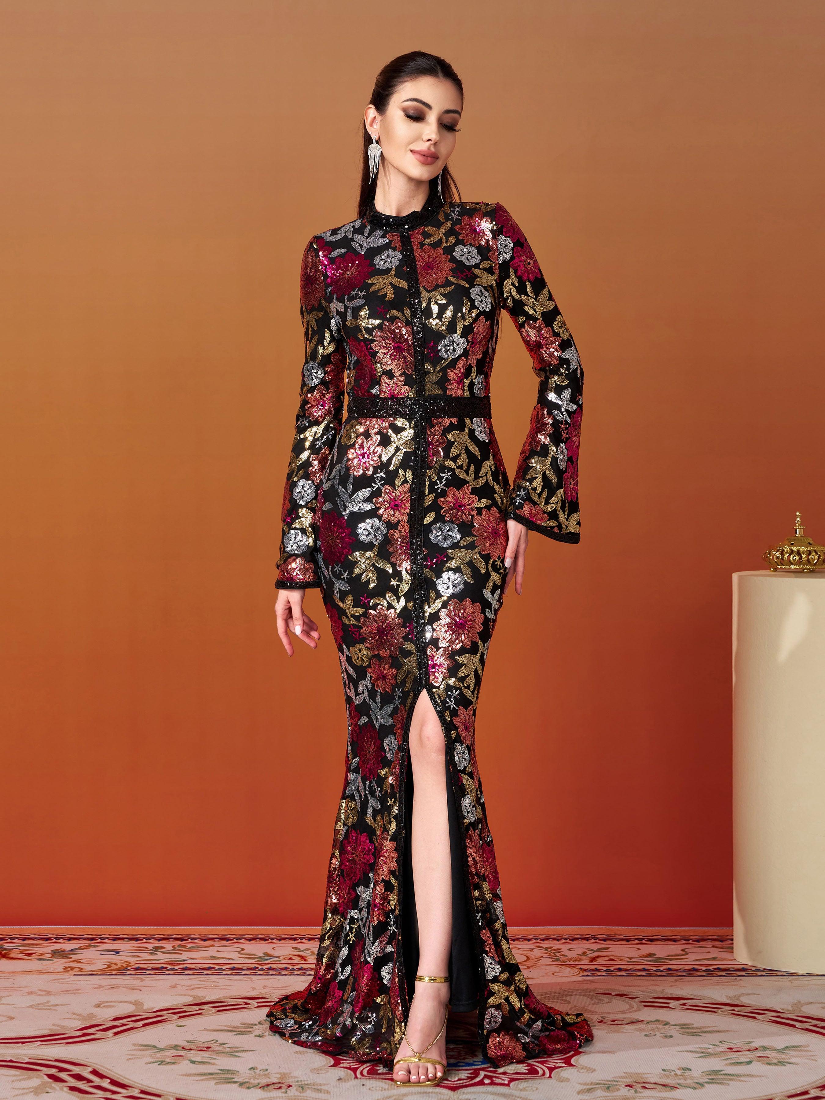 Vintage Floral Sequin Split Formal Dress