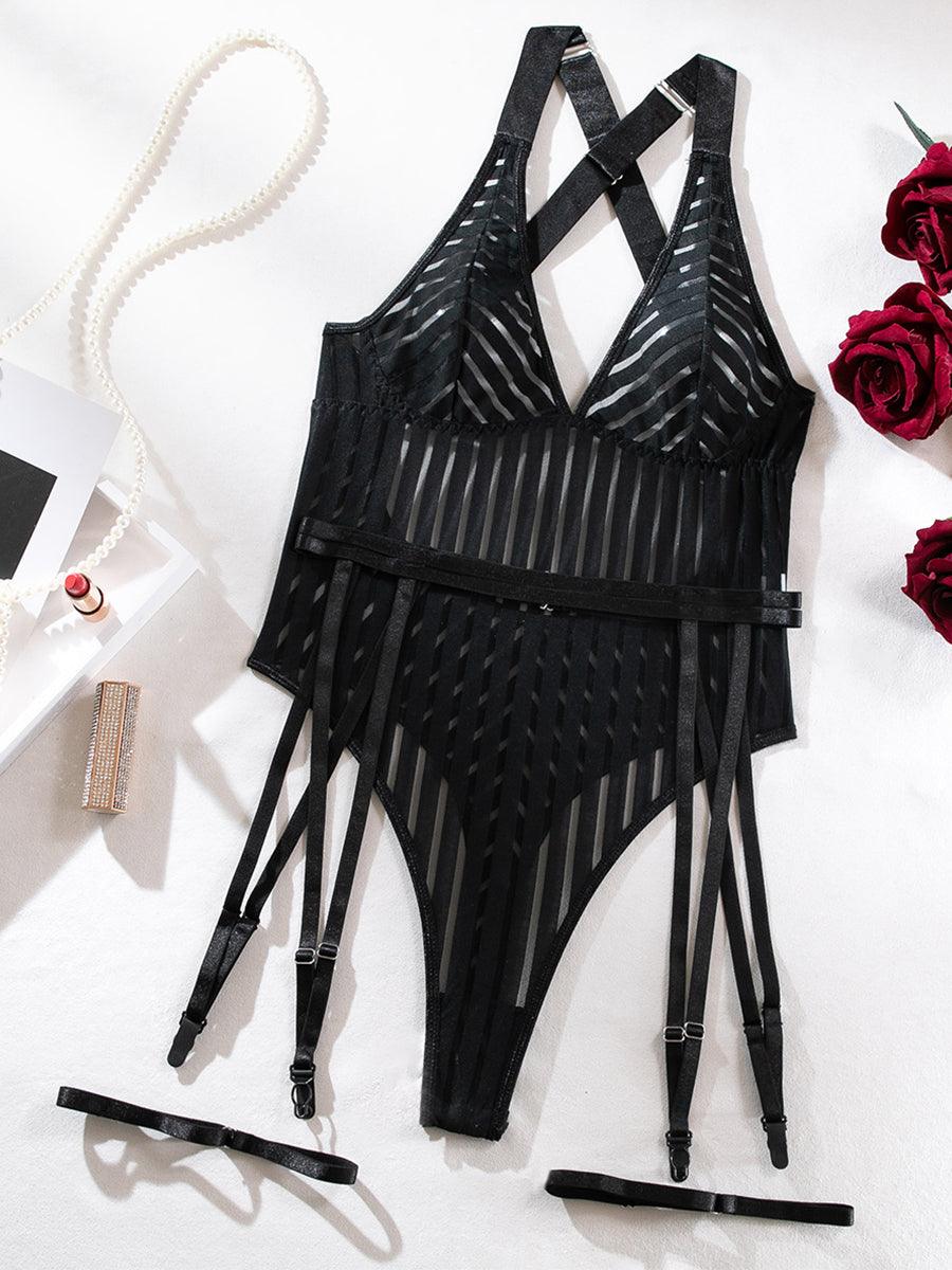 Sexy Striped Cross Strap Black Teddy