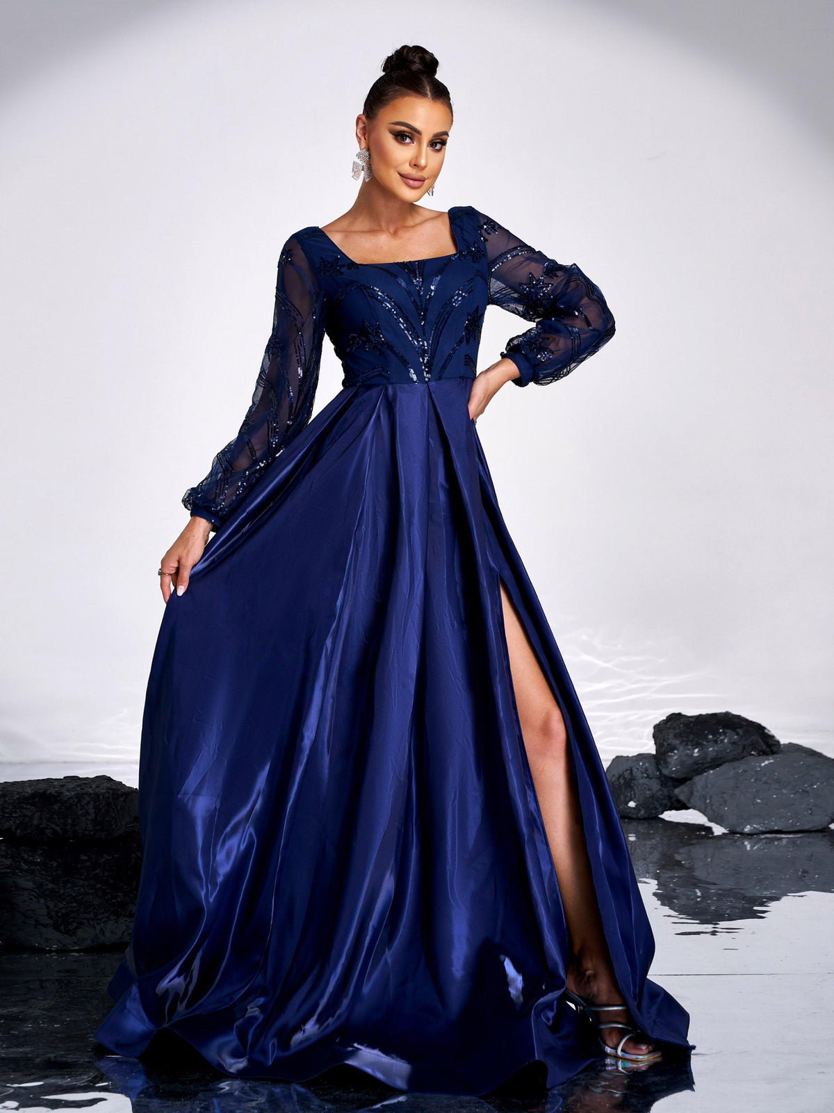 A-line Long Sleeve Blue Evening Dress