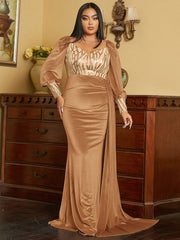 Plus Size Ribbon Lantern Sleeve Velvet Gold Evening Dress