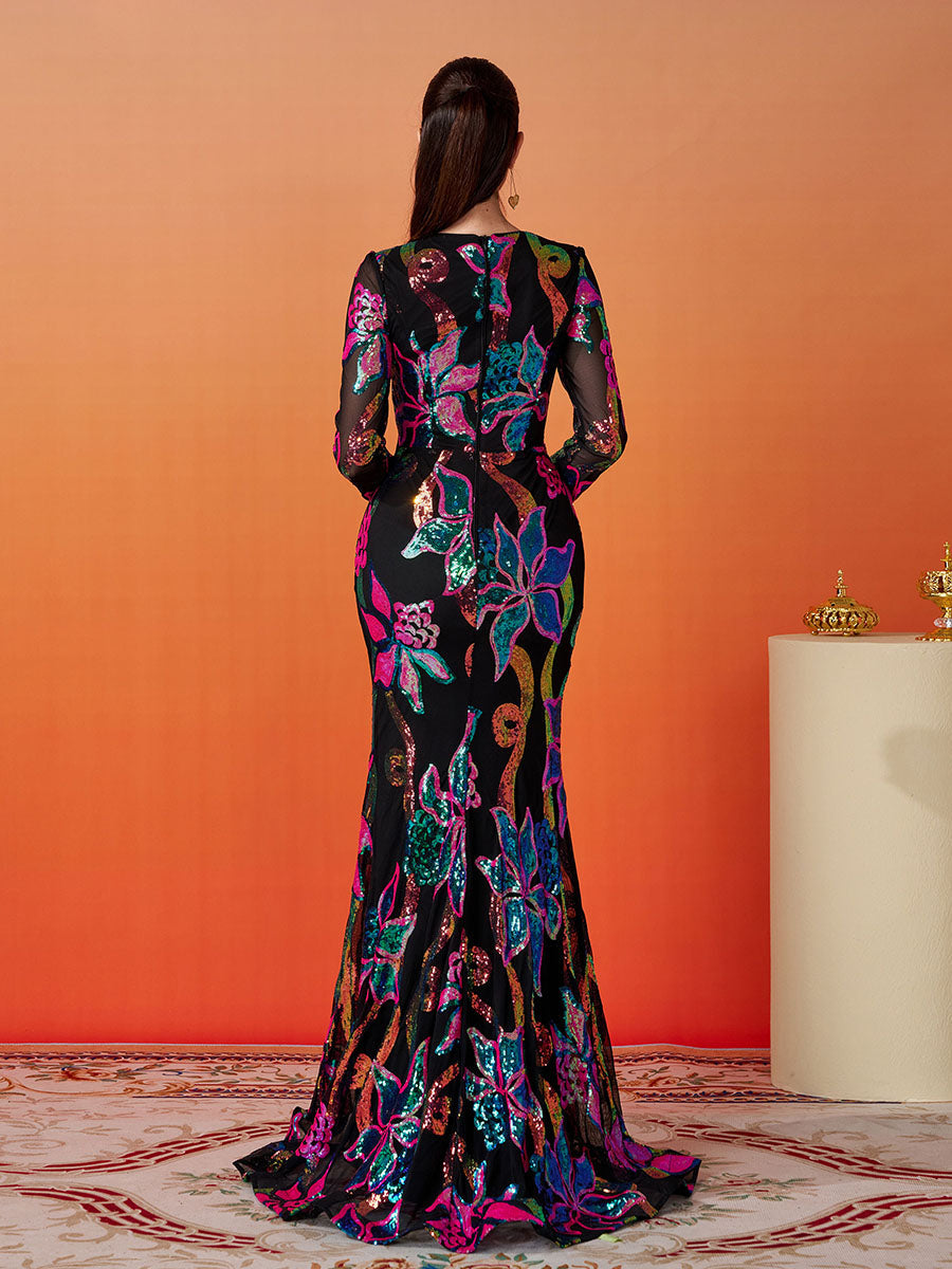 Long Sleeve Corset Cutout Floral Evening Dress