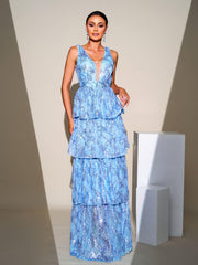 V-neck Sleeveless Sequin Layered Hem Dress