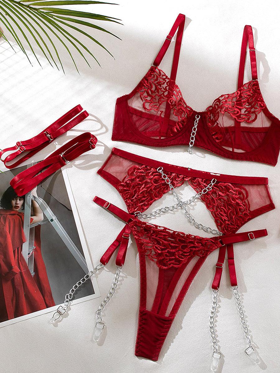 Metal Chain Embroidered Sexy Lingerie 4 Piece Set
