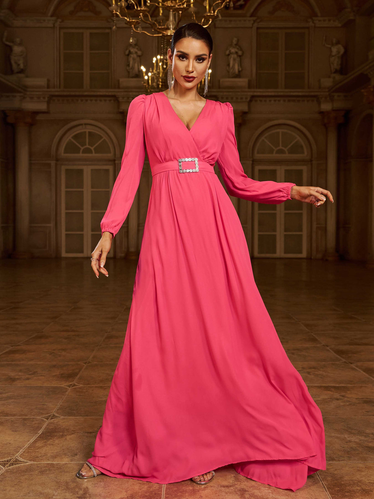 Formal V Neck A-Line Rose Red Chiffon Prom Dress