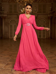 Formal V Neck A-Line Rose Red Chiffon Prom Dress