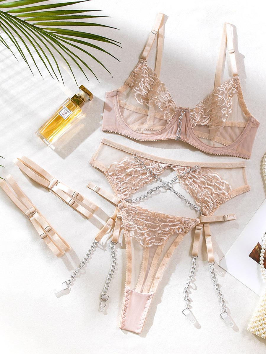 Metal Chain Embroidered Sexy Lingerie 4 Piece Set