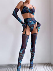 Print See Through Lingerie 5 Piece Set