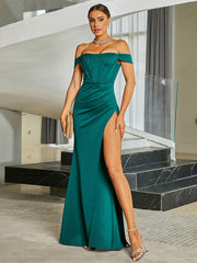 Sexy Off Shoulder Wrap Emerald Green Prom Dress