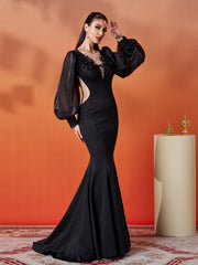 Black Embroidery Floor Length Puff Sleeve Dress