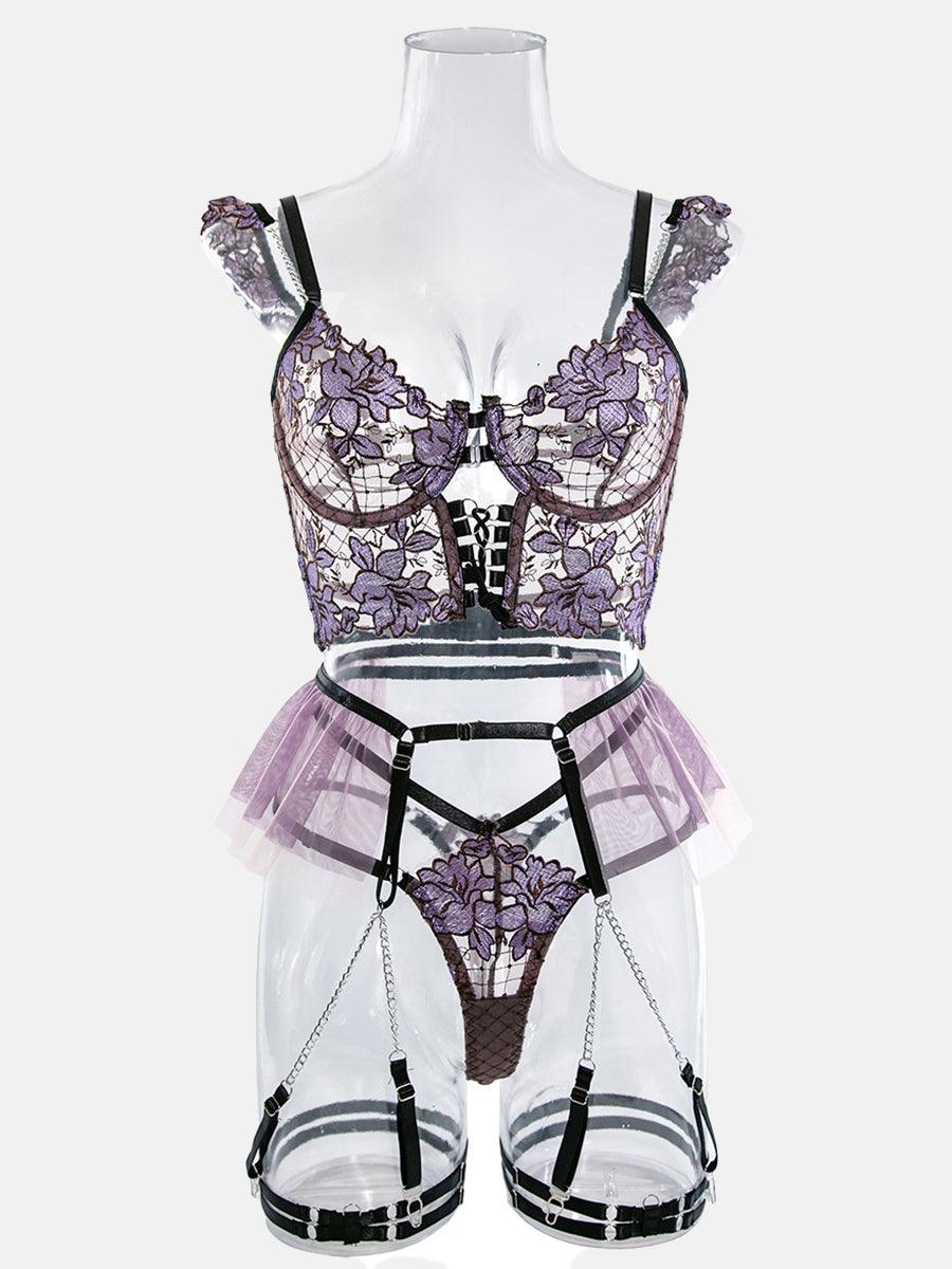 See Through Flower Lingerie 4 Piece Set