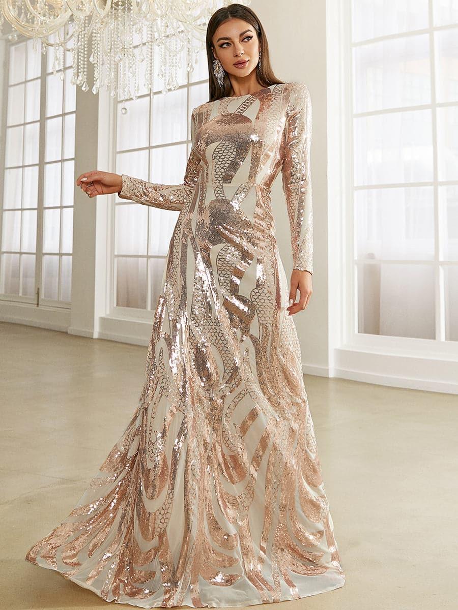 Long Sleeve Sequin Apricot Formal Dress