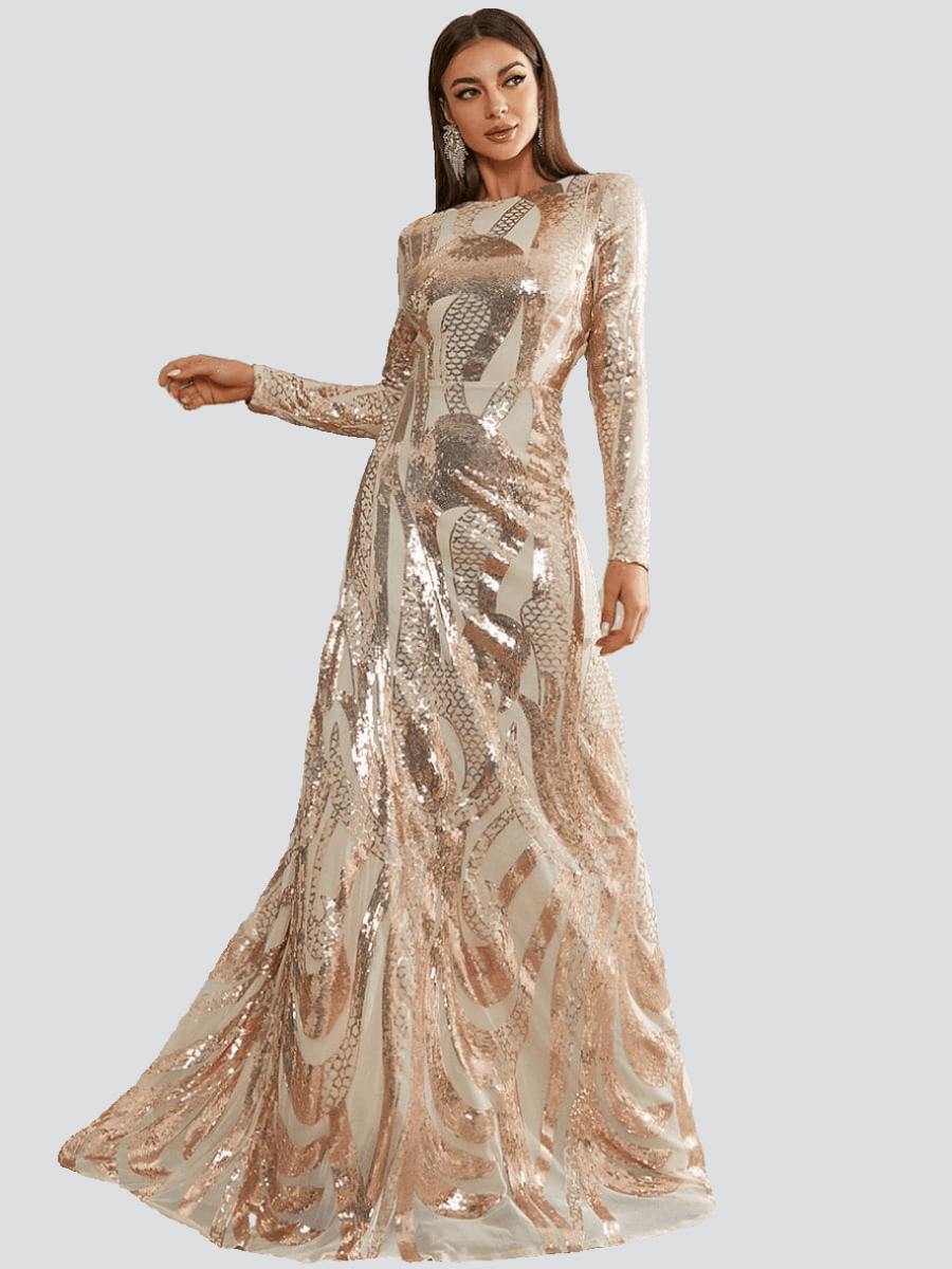 Long Sleeve Sequin Apricot Formal Dress