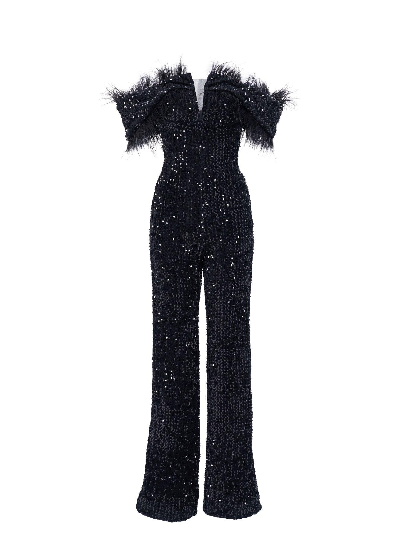 Off Shoulder Feather Jumpsuits