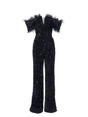 Off Shoulder Feather Jumpsuits