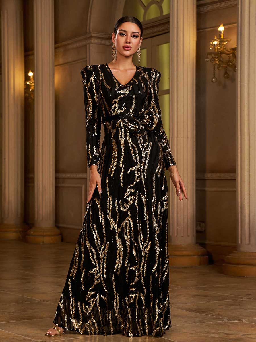 Maxi Sequin Formal Dress With Belt Bow Tie