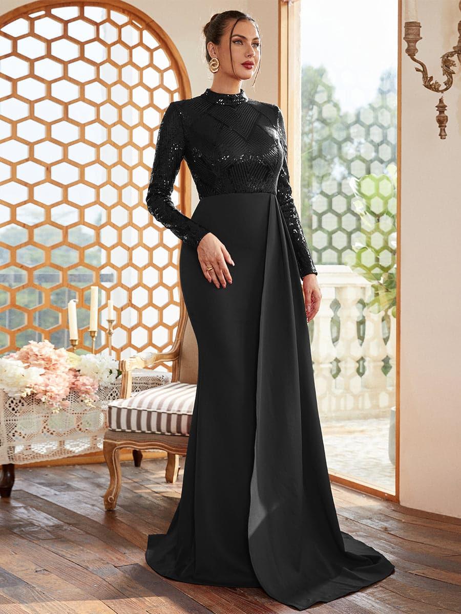 Draping Long Sleeve Sequin Formal Dress