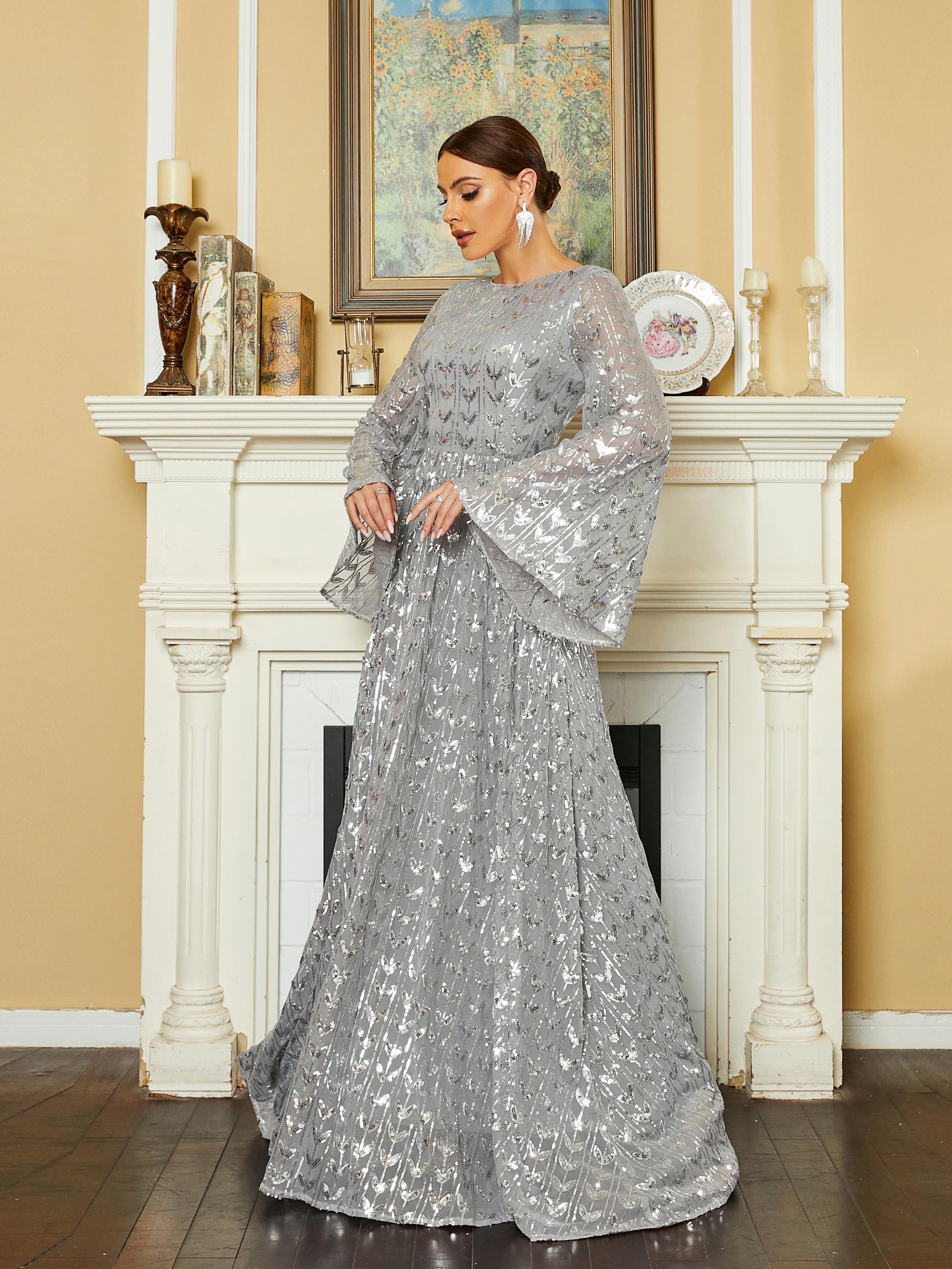 Bell Sleeve Backless Sequin Evening Dress