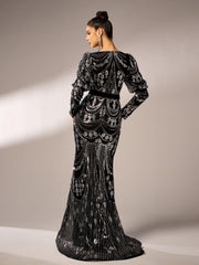 Black Long Sleeve Sequin V-neck Sress