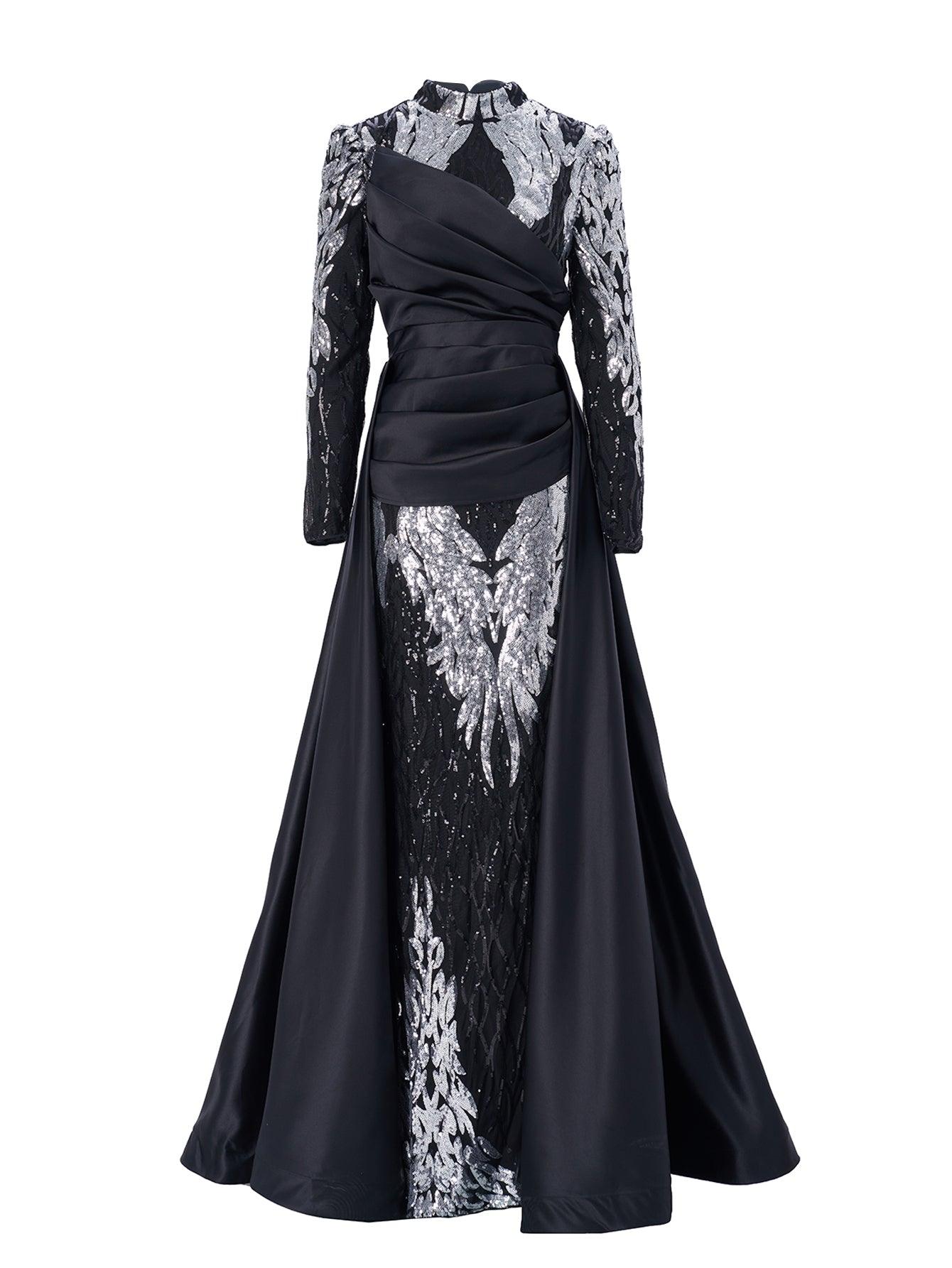 Stand Collar Fold Satin Sequin Dress
