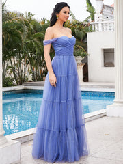 Sleeveless Corset Tulle Blue Bridesmaid Dress