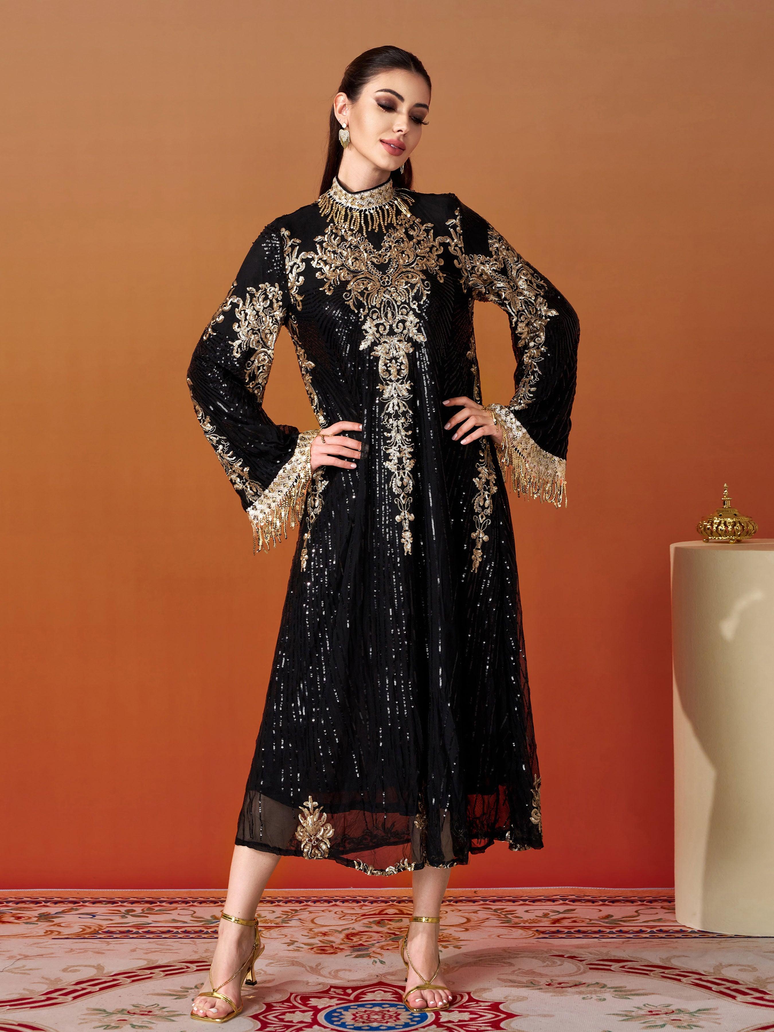 Stand Collar Bell Sleeve Sequin Dress