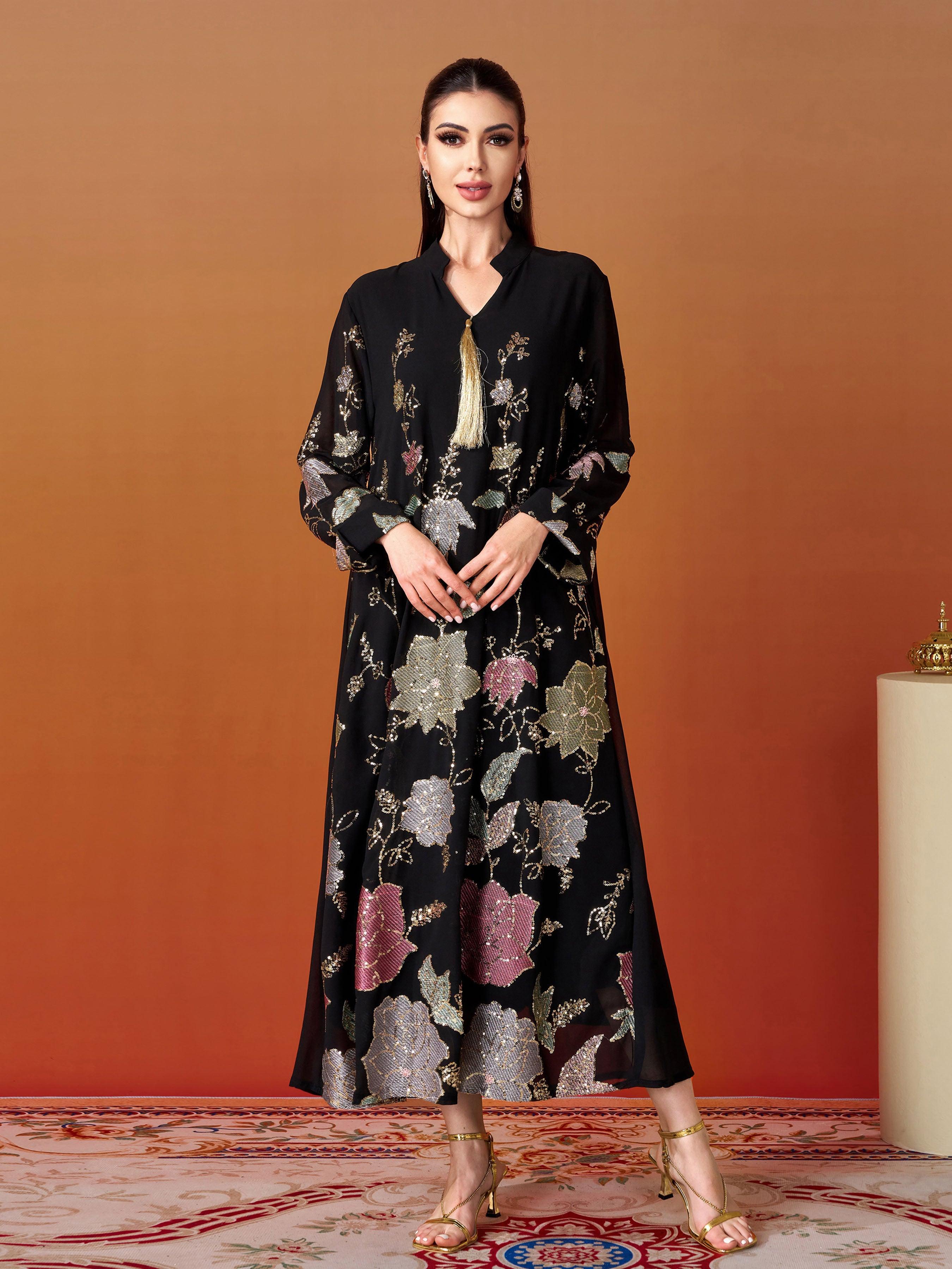 Embroidered Sequin Floral Muslim Dress